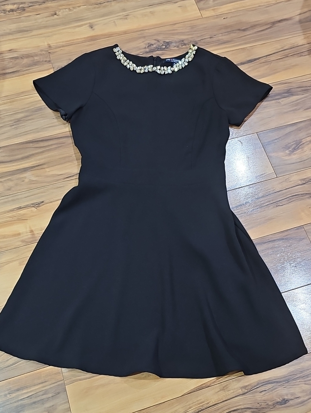 One Clothing Women's Small Black Short Sleeve Fit Flare Dress w/ Beaded Neckline